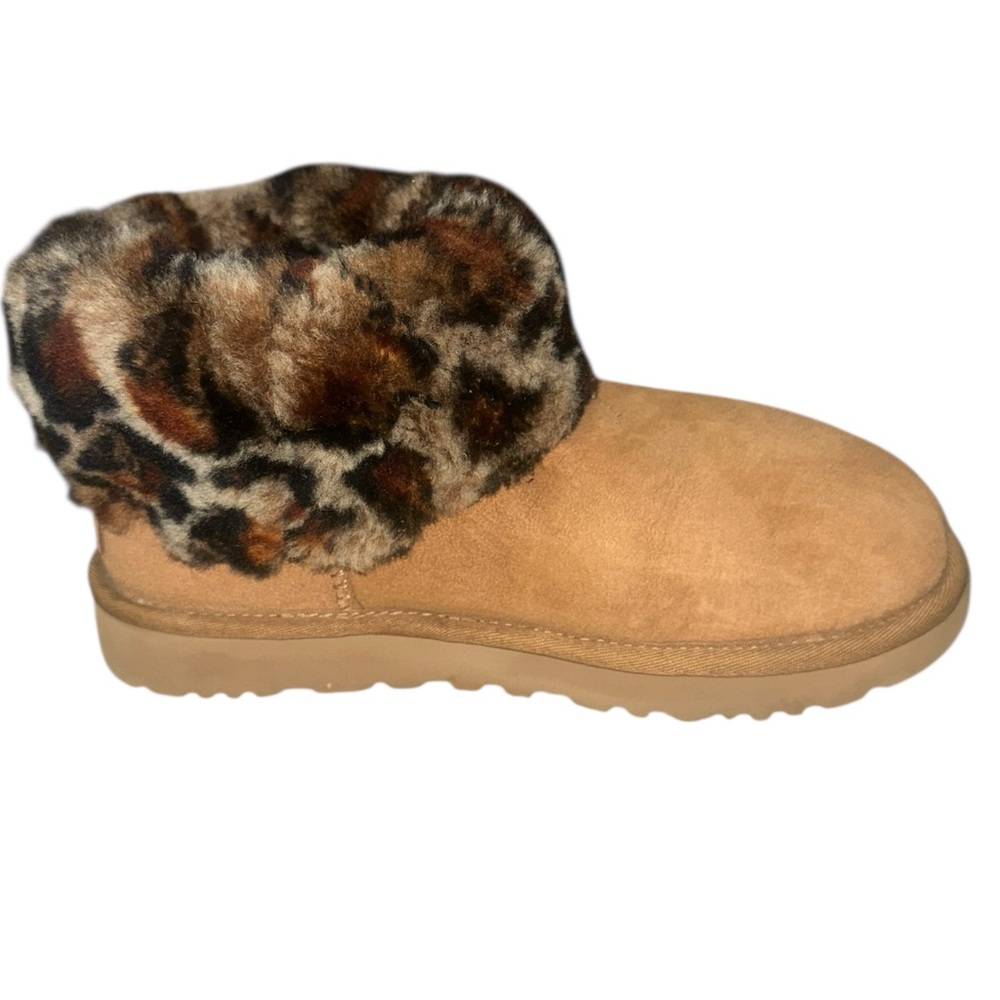 UGG Women's Mini Fluff Leopard Chestnut Suede Ankle Boots Size 7 - Picture 2 of 7